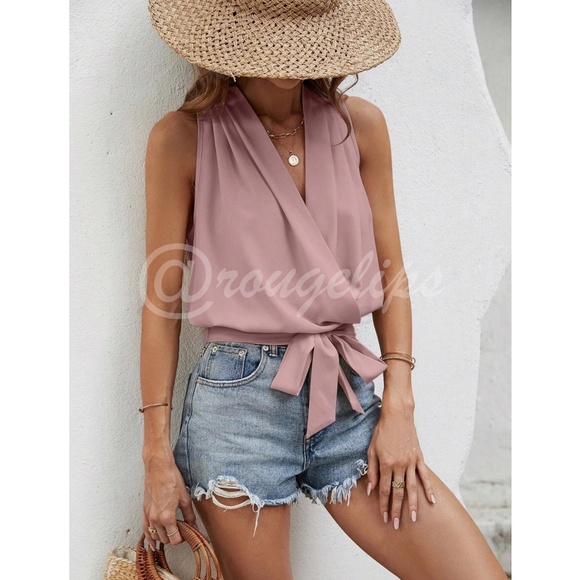 Pink V-Neck Surplice Tie Waist Top - Picture 5 of 8